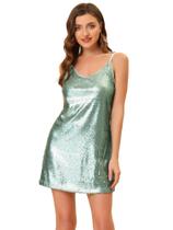 Vestido Allegra K Glitter, lantejoulas, decote em V, alça espaguete, verde Vestido Allegra K Glitter, lantejoulas, decote em V, alça espaguete, verde