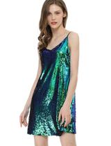 Vestido Allegra K Glitter, lantejoulas, decote em V, alça espaguete, verde Vestido Allegra K Glitter, lantejoulas, decote em V, alça espaguete, verde