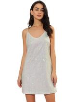Vestido Allegra K Glitter, lantejoulas, decote em V, mini, branco M