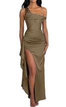 Vestido Alphirkut Plissado Wedding Guest Long Satin Taupe
