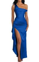 Vestido Alphirkut plissado Wedding Guest, longo, azul acetinado, tamanho 14