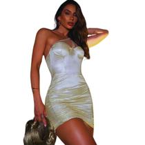 Vestido Alto Brilho dourado detalhe tule Bojo Ano novo Festa Vestido Alto Brilho dourado detalhe tule Bojo Ano novo Festa