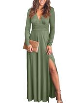 Vestido ANRABESS Maxi, manga comprida, decote em V profundo, com fenda verde Vestido ANRABESS Maxi, manga comprida, decote em V profundo, com fenda verde
