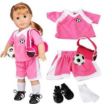 Vestido ao longo Dolly Soccer Uniform 6 Pc Premium Handmade Outfit para menina americana, corações afins, Adora, nossa geração e todas as bonecas de 18 polegadas - Conjunto de acessórios de roupas