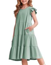 Vestido Arshiner Girls com babados sem mangas A-Line verde claro 8-9Y