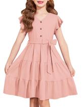 Vestido Arshiner Girls de manga curta de verão com decote em V com cinto 7-8Y