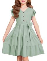 Vestido Arshiner Girls de manga curta de verão com decote em V com cinto 9-10Y