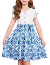 Vestido Arshiner Girls de manga curta de verão com decote em V com cinto 9-10Y