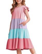 Vestido Arshiner Girls Summer, manga com babados, algodão, 12-13 anos