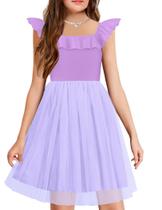 Vestido Arshiner Summer com decote babado e manga curta para meninas Vestido Arshiner Summer com decote babado e manga curta para meninas