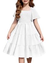 Vestido Arshiner Tween Girl branco em camadas de verão com bolsos 9-10Y Vestido Arshiner Tween Girl branco em camadas de verão com bolsos 9-10Y