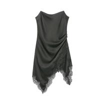 Vestido Assimétrico Elegante Com Detalhes Em Renda E Alças Plissadas Sem Mangas Para Mulheres,
