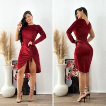 Vestido Aveludado Manga Longa Única com Cordão Tubo Vinho - Mira Luxo Modas