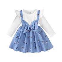 Vestido Azul De Manga Longa Para Bebê Menina Primavera Outono Com Detalhe De Laço Para Idade De 0-24 Vestido Azul De Manga Longa Para Bebê Menina Primavera Outono Com Detalhe De Laço Para Idade De 0-24