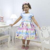 Vestido azul infantil Jardim Encantado com pássaros e borboletas Vestido azul infantil Jardim Encantado com pássaros e borboletas