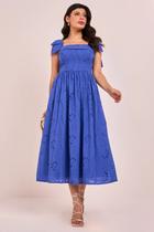 Vestido azul laise aplicaçao de laço gode midi fascinius