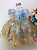 Vestido Azul Realeza Dourado Princesas Jardim das Borboletas - Enjoy