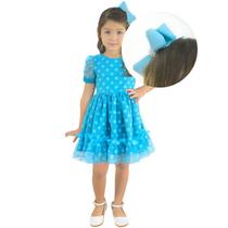 Vestido Azul Turquesa Infantil Tule Poá + Laço para Cabelo