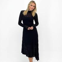 Vestido Bana Bana Assimétrico Midi em Renda Manga Longa Feminino