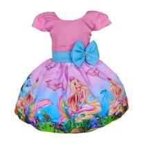 Vestido Barbie Sereia Rosa Temático Infantil Festa Laço Vestido Barbie Sereia Rosa Temático Infantil Festa Laço
