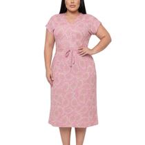 Vestido Basiquinho Plus Size Malha Fria Midi Rosa Estampado