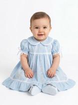 Vestido Bebê Algodão Azul Claro Bordado Artesanal Flores Multicoloridas Gola Peter Pan Papilloo Vestido Bebê Algodão Azul Claro Bordado Artesanal Flores Multicoloridas Gola Peter Pan Papilloo