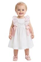 Vestido Bebê e Infantil Menina Branco Algodão Laços Rosa Bordado Artesanal Festa Luxo Papilloo