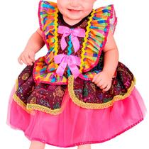 Vestido Bebe Festa Junina de Luxo Xadrez Rosa e Preto Roupa Fantasia Caipirinha 0 a 12 Meses