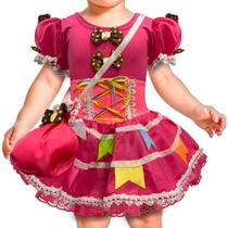Vestido Bebe Festa Junina Rosa de Luxo Acinturado Caipirinha com Bandeirinhas e Bolsinha