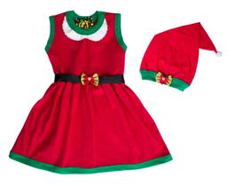 Vestido Bebê Menina 1 ao 3 Mamãe Noel Natal + Gorro