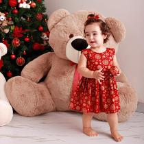 Vestido Bebê Menina Natal Vermelho Flocos Dourado