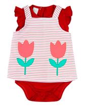 Vestido Bebê Menina Verão Salopete e Body Cotton com Bordados Aplicados de Tulipas - Vermelho - Ano Zero