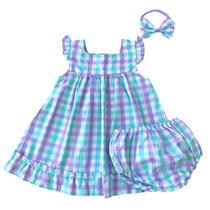 Vestido Bebê Menina Xadrez Lilás e Verde com Tiara e Calcinha 100 Algodão