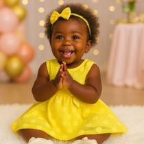 Vestido Bebê Rosa Festa Menina Renda Poá com Laço Pérola e Plaquinha Fashion Até 7 Meses Roupa Infantil Luxo.