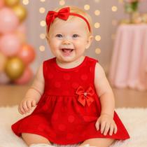 Vestido Bebê Rosa Festa Menina Renda Poá com Laço Pérola e Plaquinha Fashion Até 7 Meses Roupa Infantil Luxo.