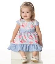 Vestido Bebê Verão Floral e Listra Azul Com Calcinha Tam M- Quebra Cabeça Vestido Bebê Verão Floral e Listra Azul Com Calcinha Tam M- Quebra Cabeça