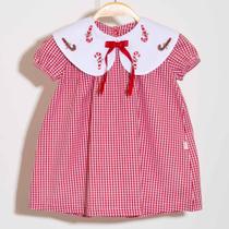 Vestido Bebê Xadrez Vermelho e Gola Bordada C/ Bengalas Keko