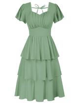 Vestido Belle Poque 2025, gola quadrada, em camadas, verde com babados