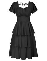 Vestido Belle Poque Vintage dos anos 50 com gola quadrada em camadas, preto
