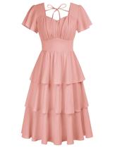 Vestido Belle Poque Vintage dos anos 50, gola quadrada, rosa com babados Vestido Belle Poque Vintage dos anos 50, gola quadrada, rosa com babados