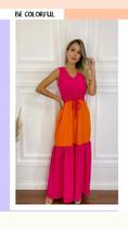 Vestido bicolor acetinado. Pink com laranja.M