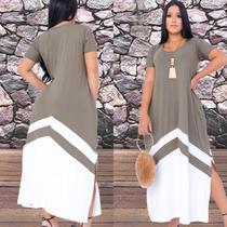 Vestido Bicolor Feminino Com Fenda Maxi Saruel Alça Com Bolso Moda Feminina Verão Outono Inverno Veste do 38 ao 50