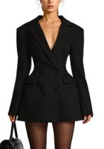 Vestido blazer LAJIOJIO com decote em V e lapela e manga comprida para mulheres Vestido blazer LAJIOJIO com decote em V e lapela e manga comprida para mulheres