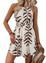 Vestido BLENCOT Floral Mini com Decote Halter e Cintura Franzida Bege Vestido BLENCOT Floral Mini com Decote Halter e Cintura Franzida Bege
