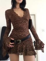 Vestido Bodycon De Renda Transparente Para Mulheres Y2K, Manga Longa, Decote Em V, Mini Vestido Para Vestido Bodycon De Renda Transparente Para Mulheres Y2K, Manga Longa, Decote Em V, Mini Vestido Para