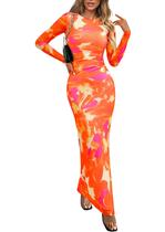 Vestido Bodycon Maxi Floral Laranja Feminino PRETTYGARDEN M Vestido Bodycon Maxi Floral Laranja Feminino PRETTYGARDEN M