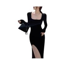 Vestido Bodycon Preto Feminino Com Fenda Lateral, Manga Longa, Ajuste Justo, Sexy, Acima Do Joelho, Vestido Bodycon Preto Feminino Com Fenda Lateral, Manga Longa, Ajuste Justo, Sexy, Acima Do Joelho,