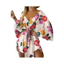 Vestido Boêmio Feminino Estampado - Decote V, Manga Morcego e Babado - Ideal para Verão e Praia