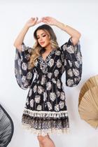 Vestido Boho Chic Curto Manga Morcego Viscose com Dourado