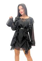 Vestido Boho Chic em Chiffon Babados e Decote com Amarração